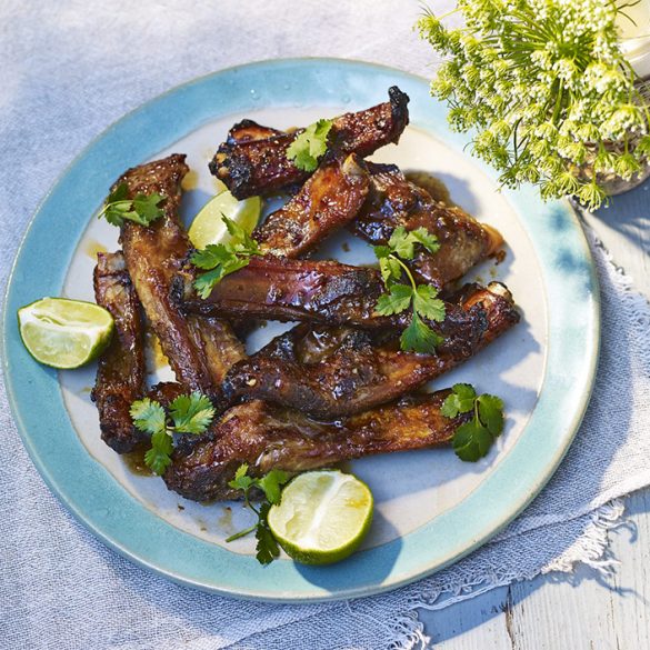 Crispy pork ribs with soy and maple marinade recipe